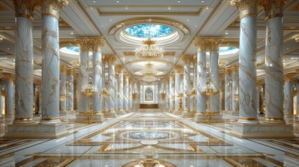 Fototapeta premium Majestic grand hall featuring opulent marble columns and luxurious chandeliers with intricate gilded details and skylight accents