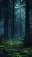 Obraz premium Dark forest, tall trees, mossy ground, mist in the air
