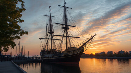 Fototapeta premium A historic tall ship docked at a maritime museum.