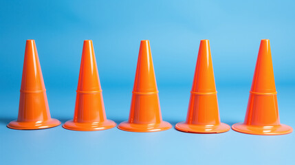 Five orange traffic cones aligned against a blue background