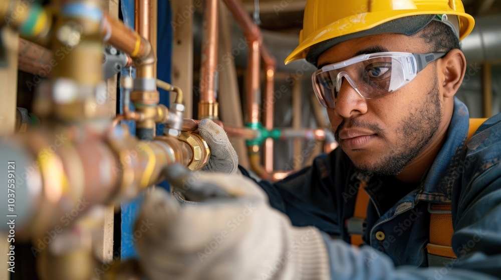 Wall mural plumber working on copper pipes