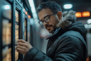 Man client using automated self service post terminal machine or locker. Mail shipping concept, Generative AI