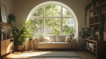 Interior with Arched Window and Cozy Seating, Scandinavian-Inspired Design for Modern Home Decor