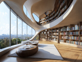Intellectual Retreat: Modernist Library with Reading Nooks and Expansive Shelves