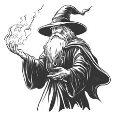 Monochrome Illustration of a Wizard Casting a Spell
The artwork features detailed elements of a mystical character wearing a hat and holding fiery energy stensil outline sketch