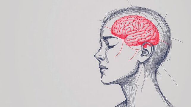 Gray outline of a head with red pain areas on the forehead, side, and top, showing different types of headaches. Light gray background with text space.