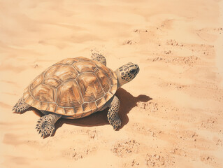 Obraz premium Coastal Realism: A Crawling Turtle on Sand in Detailed Sandy-Hued Gouache