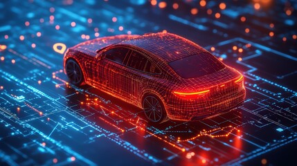 car prominently displayed and surrounded by an orange glowing map pin, symbolizing navigation and location services