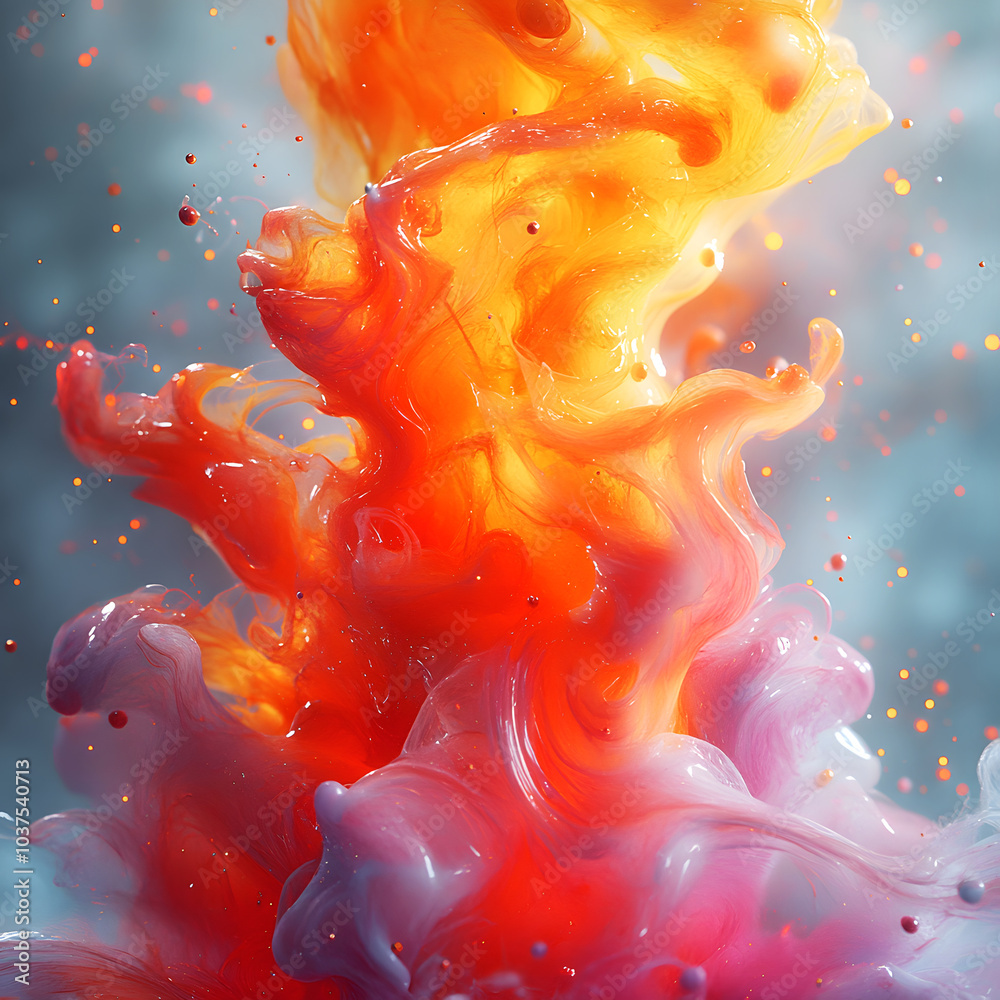 Poster bright abstract illustration with swirling flows and floating drops of colored flowing liquid in sha