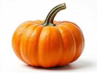 Obraz premium Bright orange pumpkin with a green stem isolated on a white background, perfect for autumn, harvest, and Halloween-themed designs or food-related content