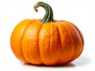 Obraz premium Bright orange pumpkin with a twisted green stem isolated on a white background, ideal for autumn, harvest, and Halloween-themed projects