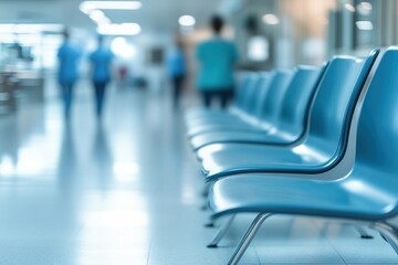 Blurred background of a hospital waiting room with people sitting on blue chairs and medical equipment in the corner, a defocused image