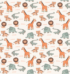 Colorful illustration of pattern with wild animals in children's style. Art for printing on fabrics, wallpaper, gift wrap, etc.