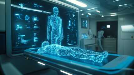 Futuristic medical examination with a glowing wireframe human model lying on a table.
