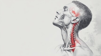 Fototapeta premium Side view of a man neck and shoulders with red pain areas on the cervical spine, gray outline, and light gray background with space for text.