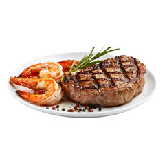 Exquisite Duo Grilled Beef with lobster and Succulent Prawns on White Background Perfect for Food Covers