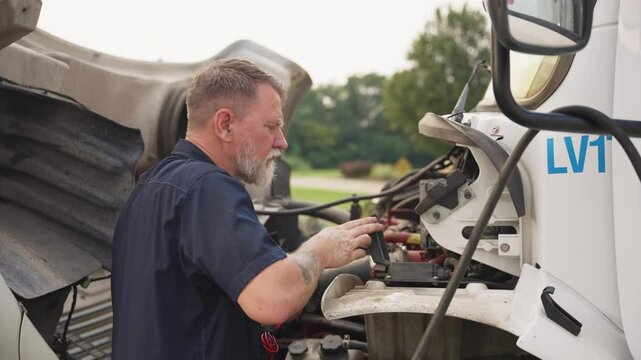 Mechanic repairing truck 14