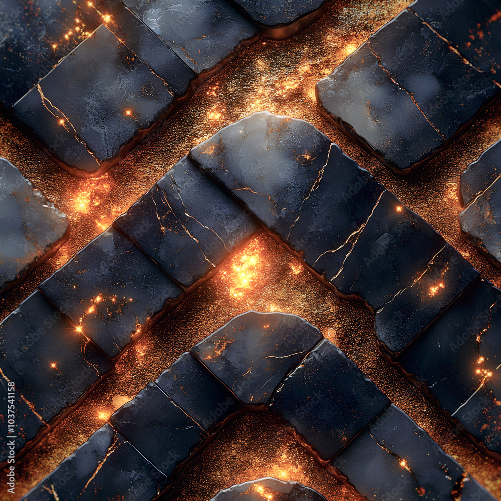 Poster Expensive pattern of black marble blocks surrounded by sparkling and shimmering gold sequins