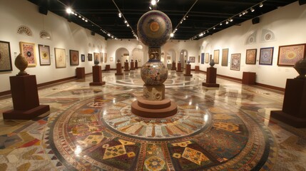 Obraz premium A vibrant, intricately designed art gallery showcasing an array of mosaic artworks and sculptures, capturing a fusion of cultural and artistic heritage