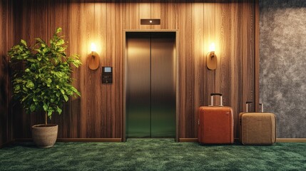 Stylish hotel corridor with warm wooden walls, green carpeting, and an open elevator. Luggage and a plant create a blend of elegance and comfort.
