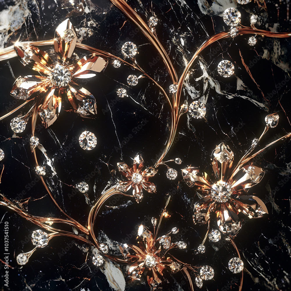 Poster a luxurious pattern of golden flowers decorated with sparkling and shimmering diamonds on a black ma