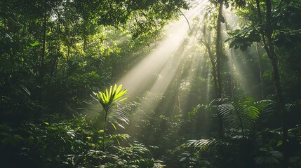 Fototapeta premium Sunbeams in the Rainforest: Sunlight pierces the dense canopy of a lush rainforest, illuminating vibrant green foliage and creating a mystical, serene atmosphere. 