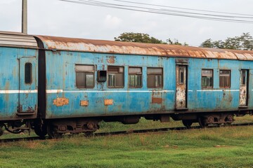 Obraz premium 古い青い電車の車両が草むらに停車している風景、時間は午後の柔らかな光に包まれた。