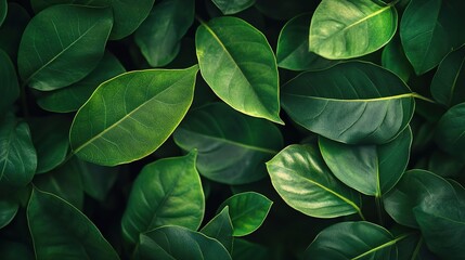 Fototapeta premium Lush Green Foliage: A vibrant tapestry of emerald green leaves, bathed in soft light, creates a sense of tranquility and renewal. 