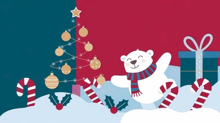Naklejka premium Vector Illustration of Christmas card with Polar Bear with a scarf and Festive Decorations, sweets, gifts and snow.