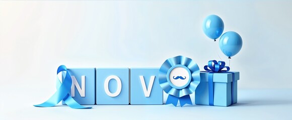 Symbolic 3D Illustration of Blue November with Cubes, Bow and Decorative Gifts in Shades of Blue. For prostate cancer prevention campaigns.