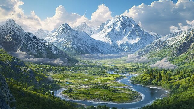 Majestic Mountain Valley: A serene and captivating view of a majestic mountain valley, showcasing snow-capped peaks, a winding river, and lush greenery under a bright, blue sky.