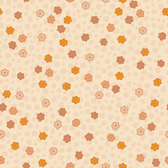Groovy Flowers and Leaves Seamless Pattern. Floral Background in 1970s Hippie Retro Style for Print on Textile, Wrapping Paper, Web Design and Social Media. Boho Brown Pink and Nude Color.