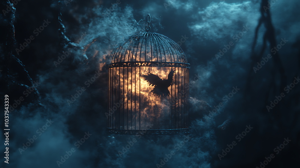 Aufkleber enigmatic birdcage illuminated by a mysterious shadowy bird emitting ethereal light in a foggy fores