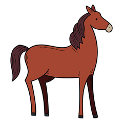 Hand drawn cartoon brown horse on white background.