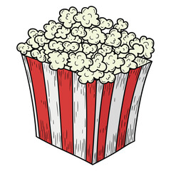Hand drawn cartoon popcorn bucket on white background.