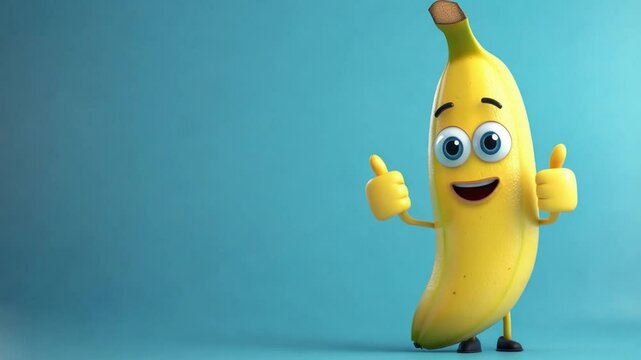 A fun and animated banana character stands confidently, smiling and giving two thumbs up against a vibrant blue backdrop