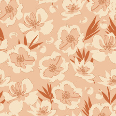 Groovy Flowers and Leaves Seamless Pattern. Floral Background in 1970s Hippie Retro Style for Print on Textile, Wrapping Paper, Web Design and Social Media. Boho Brown Pink and Nude Color.
