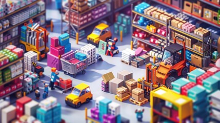 Fototapeta premium Warehouse Scene with Forklifts, Boxes, and Workers