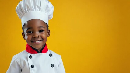 A cheerful little chef boy dressed in a white coat and hat smiles brightly, embodying a passion for cooking against a vibrant yellow backdrop