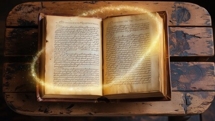 Obraz premium Open Vintage Book on a Wooden Table with Floating Magical Sparkles
