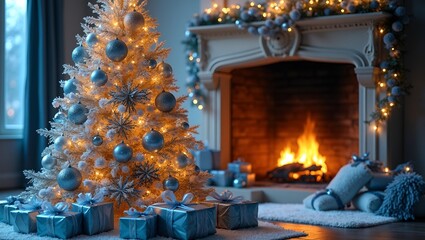 Elegant Christmas tree with silver and blue decor glowing star topper gifts and fireplace ambiance