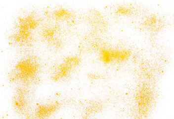 Turmeric powder scattered and flying isolated on white background, top view	
