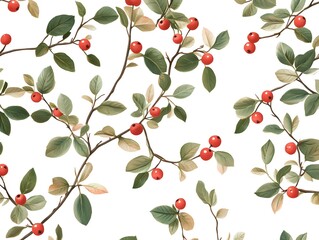 Seamless pattern with snowberry branches growing on white background