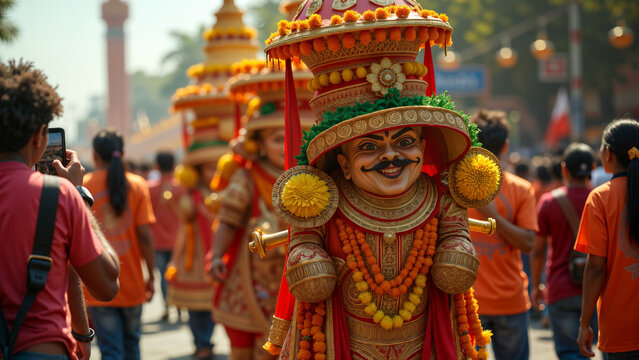 An Exuberant Parade Float Celebrating Joyful Moments with Participants Capturing Pictures in a Festive Atmosphere