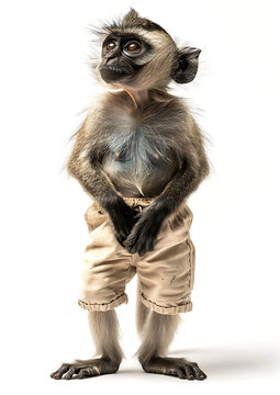 A monkey is standing with a tense expression, looking uncomfortable as it holds its bladder, clearly needing to relieve itself but unable to