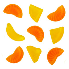 Fresh jelly fruit candies on the white background