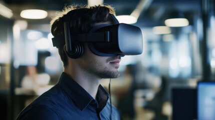 A person exploring virtual reality simulations for workplace training with VR goggles in an office, Modern lifestyle scene, Professional style