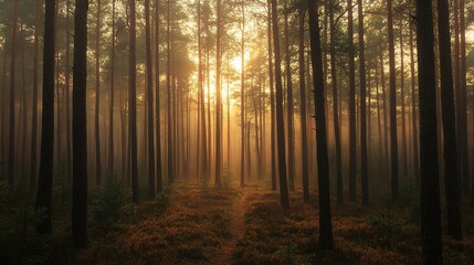 Fototapeta premium Golden Hour in the Woods: Sunbeams pierce the misty forest, illuminating a path through ancient pines. Serene and magical, perfect for evoking tranquility and mystery. 