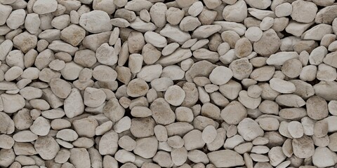 Close-up view of small, smooth, light-colored pebbles. Varying in size and shape. Stones abstract background, wallpaper. Textured pattern