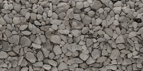 Close-up image of various gray gravel stones piled together. The rough and uneven textures of the stones. Stones abstract background, wallpaper. Construction, landscaping, geological concepts